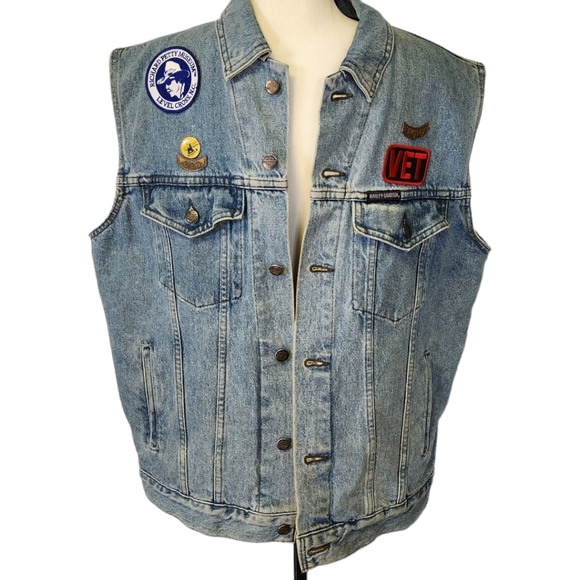 Harley Davidson Veteran Smoky Moutain Denim Jean Patch Pins Vest Men Sz Med - Picture 3 of 12